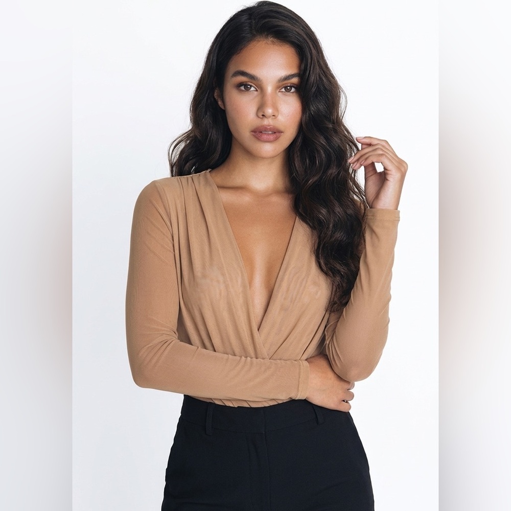#112 Camel Long-Sleeve V-Neck Bodysuit